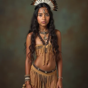 A Native American teen woman, dressed in her tribe's traditional...