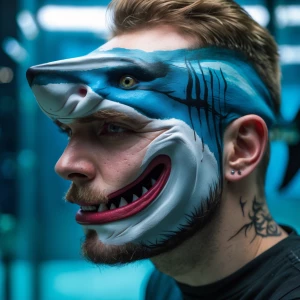 extreme makeup, man's face painted to look like a shark, artistr...