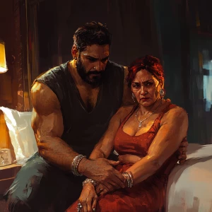 realism art style.A sweaty beefy muscular man sitting with his 5...