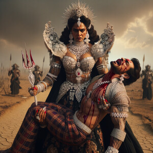 portrait of angry looking, muscular beautiful goddess durga carrying a short weak evil man and stabbing him with her red fingernails. She is wearing diamond saree, diamond armor, a huge diamond crown, abundant diamond jewelry. The scene is set in a dry landscape.  blood everywhere. The image is 8K resolution, cinematic, ultra detailed face and epic.