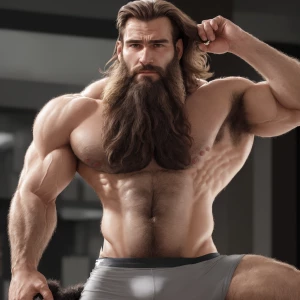 Describe a naike toned hairy man exudig confidence while showing...