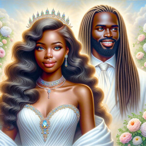 Create a 3-D realistic oil, painting of a beautiful African-American bride. She has long flooring, wavy hair and her gown has beautiful jewels around the neckline. in the background there is a beautiful African-American Jesus Christ with long dreadlocks, and he is smiling. He is very handsome pastel flowers throughout the image.