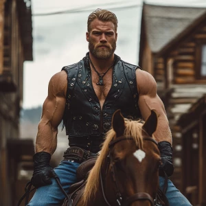 Wanted man muscle dirt blonde hair blonde beard wearing black chaps with blue jeans on a black leather vest. In the morning riding a horse with tan and brown. He is in a old fashion town.