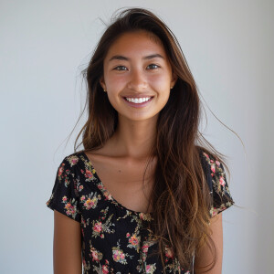 A cute woman

Californian

Smiling 

Clothes: Floral Dress

Look...