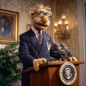 ALF Gordon Shumway dressed in a presidential suit, standing behi...