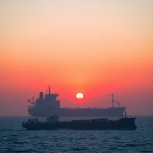 Give me a large cargo ship, with a hazy red sunset in the backgr...