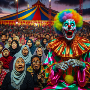 A very scary clown scares people in the circus to tears