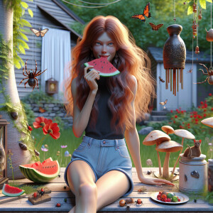 Photorealistic image. A long ginger haired, fair skinned, female...