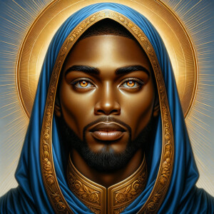 Create a beautiful African-American Jesus Christ with Hazel, brown eyes and blue and gold robe