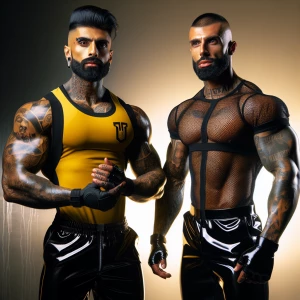Two muscular, big bodybuilder men stand close together, both wea...