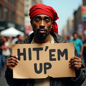 2pac holding a sign that reads "HIT'EM UP "