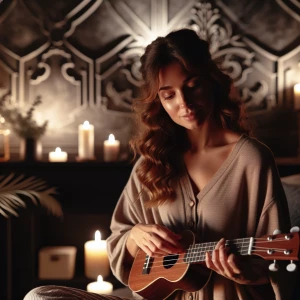 A woman in her 30s, exuding serenity, gently strums a ukulele in...