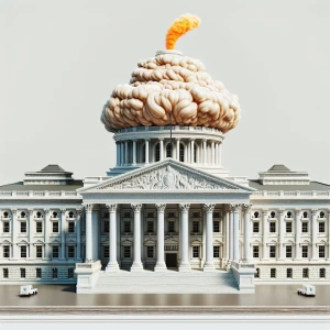 Create a hyper-realistic detailed image of the White House, incorporating a large, exaggerated orange pile with steam rising from it, positioned on the roof for a satirical effect.