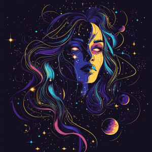 Vector-style portrait of a celestial goddess, long flowing hair...