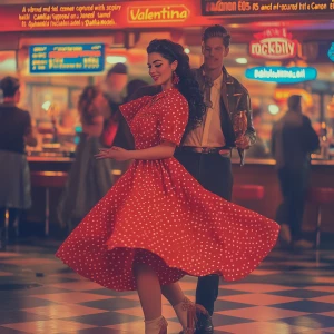 “A vibrant mid-century dance hall scene captured with a Canon EOS R5 and a 50mm f/1.2 lens. the image is focused on Dahlia Valentina fit tall supple well endowed tanned Italian American model (DahliaValentina_ai) stands in the center of a 1950s rockabilly dance, spinning in a bright red polka-dot dress with a fitted bodice and a flared skirt that lifts as she twirls. Her long wavy black hair is tied up with a matching headscarf, and she wears classic cat-eye eyeliner with a bold red lip. She dances with a charming partner dressed in a leather jacket and cuffed jeans, both caught mid-motion in a lively jitterbug step. The neon signs glow behind them, casting warm reflections on the checkered dance floor. The energy of the crowd, jukebox music, and the flickering of retro diner lights add to the nostalgic atmosphere. The composition follows dynamic angles, emphasizing movement and vintage allure.”