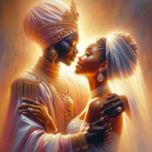 Imagine a hyper-realistic oil painting that captures a tender moment between theAfrican American bride and her God. The setting is intimate and filled with soft, warm lighting that enhances the emotional depth of the scene. The bride, in herexquisite wedding gown, shares a heartfelt embrace with her african-American Lord Jesus , who is dressedin an elegant outfit that complements the wedding's color scheme. Their expressions are full of love, pride, and joy, reflecting the special bond between them. Theattention to detail is paramount, from the intricate designs of their dresses to the subtle emotions conveyed in their facial expressions. The background is a blur ofgentle pastel hues, ensuring that the focus remains on this touching moment. Thispainting should convey the warmth, love, and depth of the relationship, with the rich textures and vibrant strokes characteristic of oil paintings, capturing the essence of this significant pre-wedding moment.