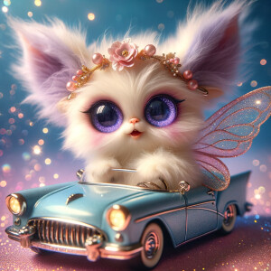 Imagine a whimsical, fluffy creature with large, sparkling purpl...
