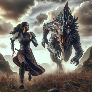 Generate an image of a woman warrier running from a big scary dr...