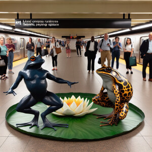 Two frogs twerking on a lily pad in a subway. They are the cente...