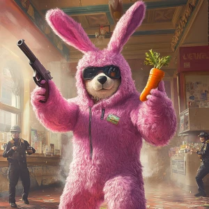 Create an image of a character in a fluffy pink bunny costume fe...
