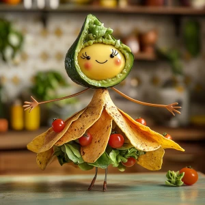 Imagine an anthropomorphic taco lady, her shell forming the eleg...