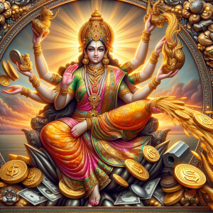 Mahalaxmi goddess with gold coins and dollars nearer to rivet wi...