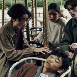 An unconscious boy is sitting on an abandoned carousel. His frie...