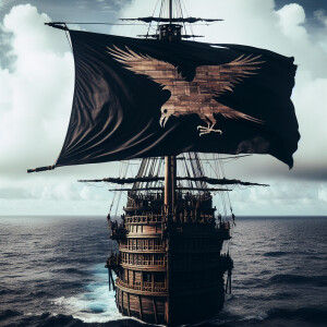 The ship is sailing in the Pacific Ocean. It has a black raven f...