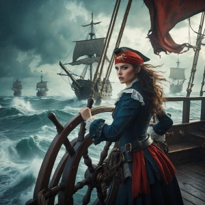 Generate an image depicting a youthful female pirate at the helm...