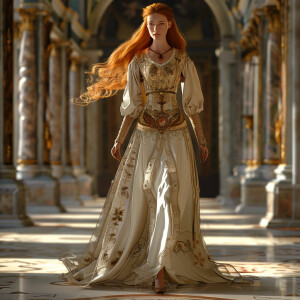 Create a photorealistic image of a light ginger-haired model wal...