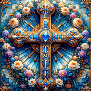 Create an image of a majestic cross, larger in size, with a harm...