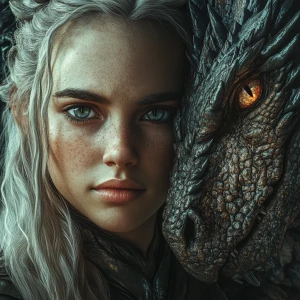 dragon beside maiden, both facing toward the viewer,fantasy sett...