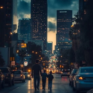 A father and son walking together down a bustling Los Angeles st...