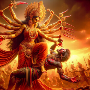 Portrait of angry and gorgeous goddess durga slaying mahishasur by carrying him like a baby and stabbing him with her red long nails.  Goddess Durga should have eight arms. she should wear Gold jewelry all over the body. Mahishasur should have wounds all over his body. mahishasur should be smaller in size compared to Goddess durga. Background is an intense battlefield. reddish hue everywhere and sunset in the background.  Epic scene. 4k, HDR. Photography