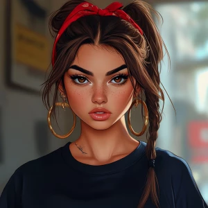 girl with brown hair, thick eyebrows, pumped up lips, potato nos...