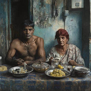 Realistic art 1:1, a muscular, perspiring man dining with his 54...