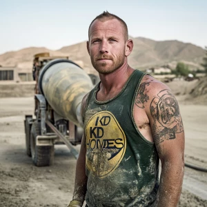 Brian Nobles a real 28 year old Caucasian male who is using  a concrete mixer, he is a  pump operator holding the hose which carries the liquid concrete to the foundation pour, Brian is slowly  beginning his transition into adult maturity , Brian Nobles is beginning to look like a grown man, he has large reflective blue eyes and a wrinkled brow,Brian is now balding , prominent large protruding round fat obese belly,,thick goatee beard, healthy muscle mass ,very noticeable male pattern balding hairline, Brian Nobles now has a  prominent receding and thinning male hairline (onset male pattern baldness), slightly fat overweight(Caucasian)wearing tight body conforming  glossy satin shiny green and gold tight fitting body conforming UnderArmour athletic bodysuit,emblazoned with the "KD HOMES" real estate logo, standing confidently in front of a newly completed constructed new KD HOME in Victorville California in a raw desert landscape. Brian has a protruding fat obese muscular physique, large male bulge, fat obese muscular frame , shows a substantial frame with a noticeable mature hairline and expressive eyes. His workman’s  pose should reflect his experience in his trade.