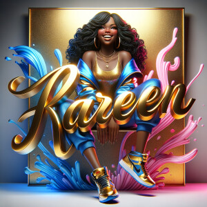 3D writing name "KAREN" bold glossy gold. There is a beautiful African-American latino woman, smiling with long black, wavy hair,, blue and gold trendy jacket and outfits in blue, pink, and gold tones, sport shoes, sitting under the name. Her outfits are glossy. dynamic color explosion background, of pink, blue, gold colors, splashed on white wall