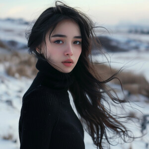 Fair-skinned woman with dark long hair, elegant and composed, st...