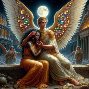 Create an oil painting image featuring a male angel and a grievi...