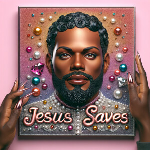 A 3D realistic artwork featuring the phrase 'Jesus Saves' adorne...