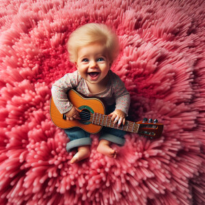 A baby with blonde hair and blue eyes playing the guitar on a pi...