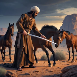 A solemn prophet figure, dressed in brown robes and turban, hold...
