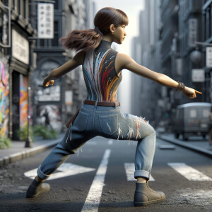 teenage girl, long brown hair and bangs, wearing tight skinny jeans and a halter top paint marks on her clothing, heroic pose Asian graffiti background, backside view