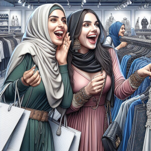 two lady's shopping, photo, illustration, 3d render, painting