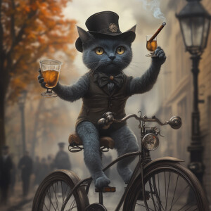 A Russian Blue cat wearing a traditional ushanka hat, balancing...