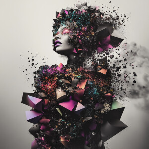 Futuristic female figure adorned with glowing, space-inspired pa...