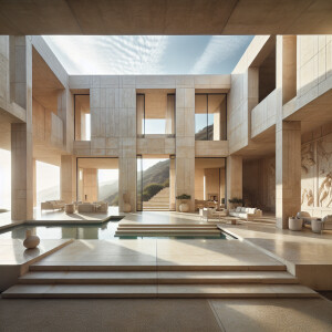 create a large brutalist mansion with limewash alabaster walls,...