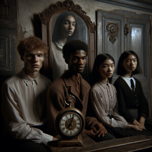 Four teenagers are standing in a dark gloomy room. The figure of...