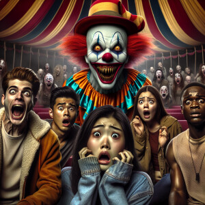 People are sitting in horror in the circus tent, and in the cent...